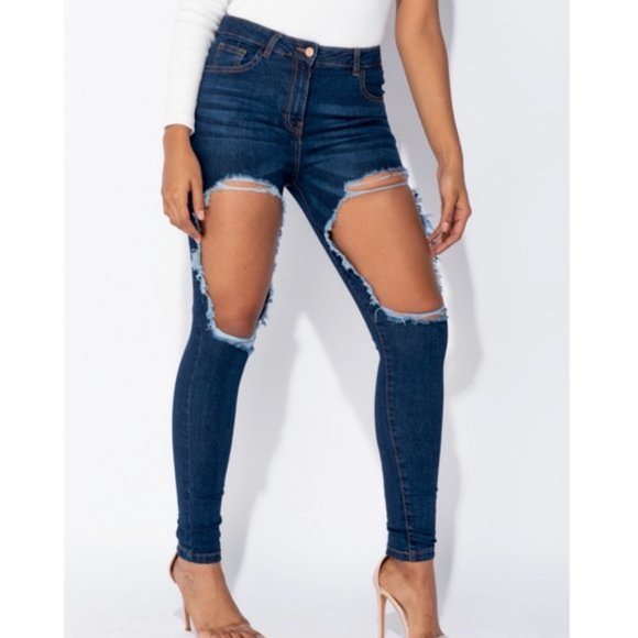 Blue High Waist Ripped Distressed Skinny Denim Jeans Pants - Picture 4 of 13
